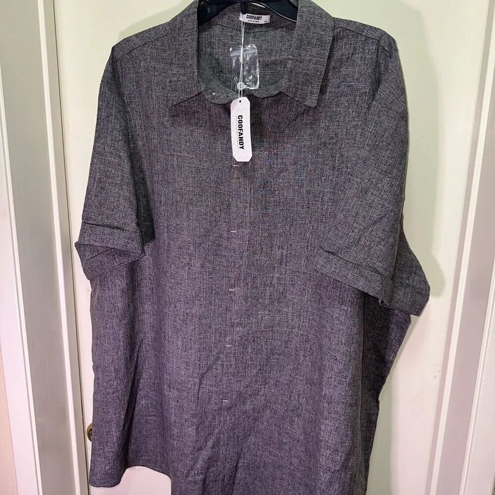 Coofandy Mens Grey Woven Linen Blend Casual Button up Short Sleeve Shirt 3XL
